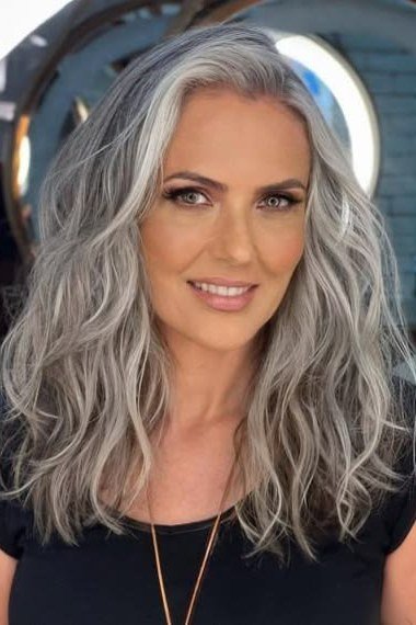 Long silver gray wavy hair for women over 60