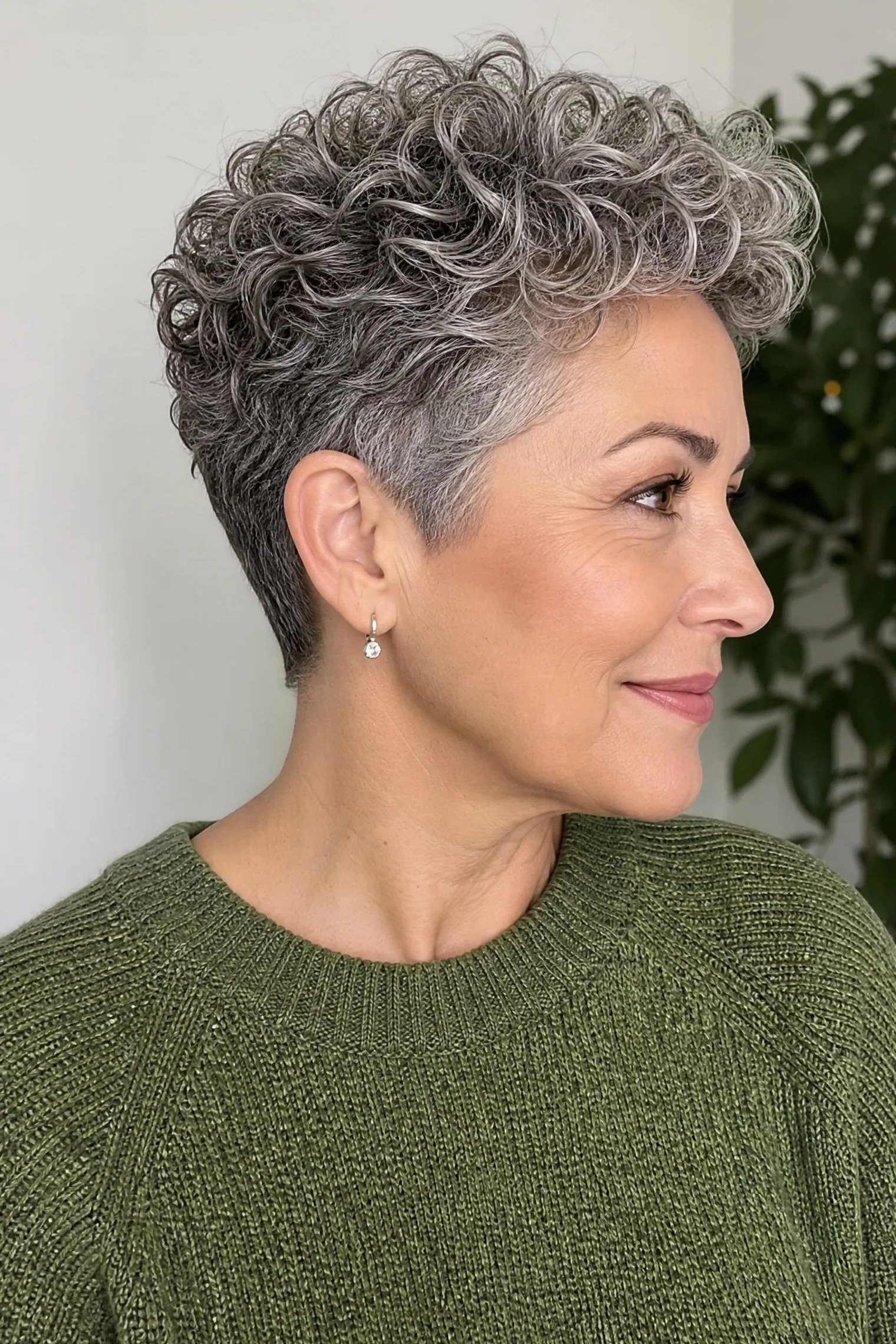 Gray curly crop with lifted crown for women over 60