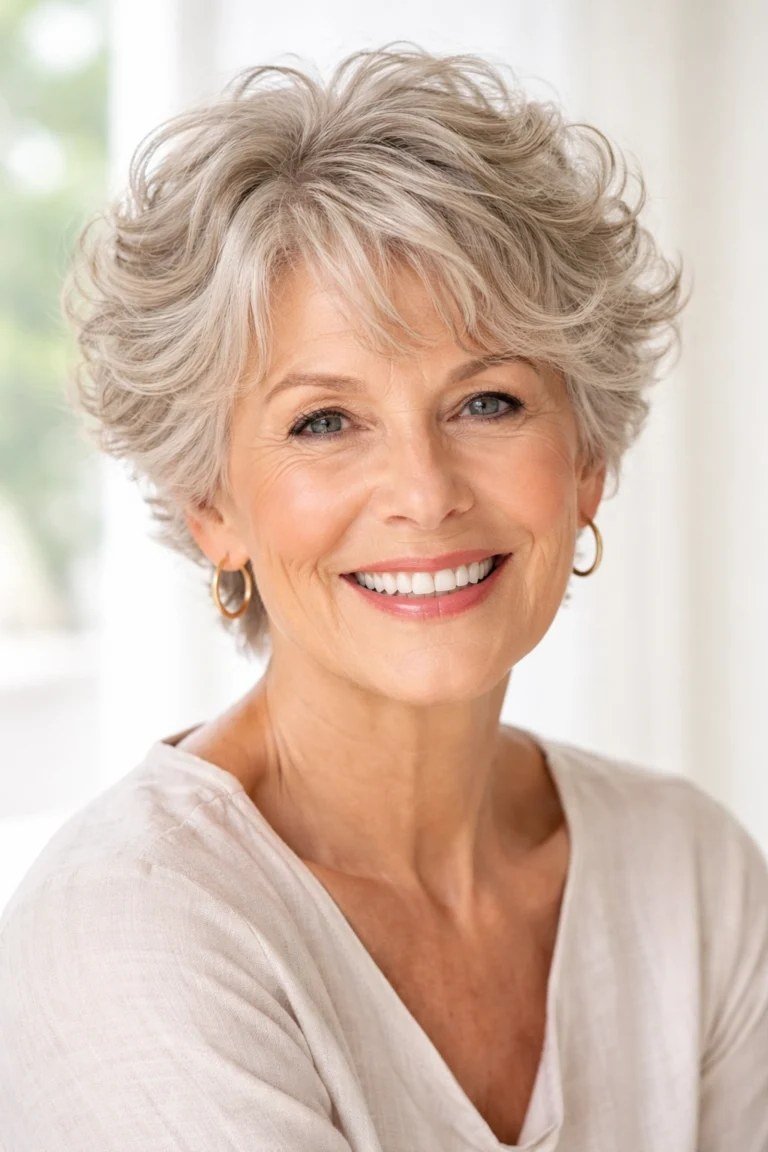 Short silver curly pixie for older women