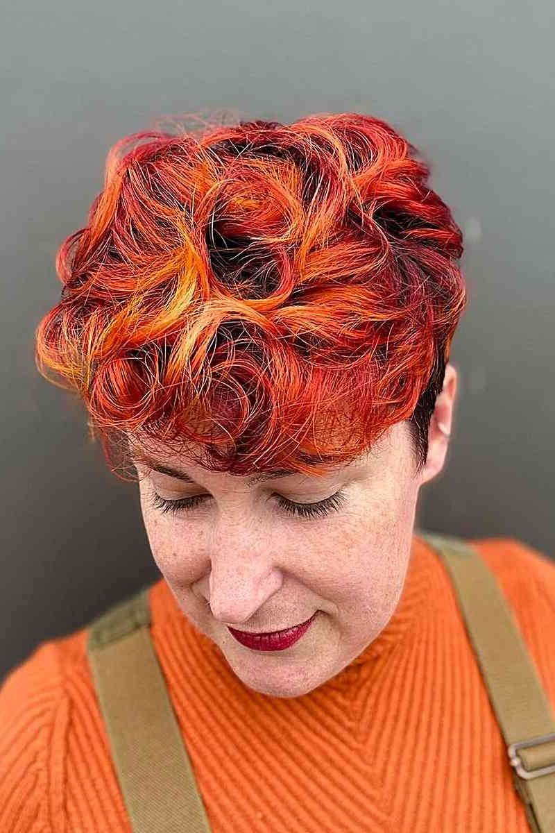 Bright copper red short curly crop for older women