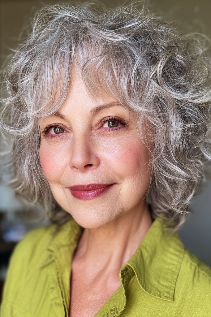 Silver gray curly shag with bangs for women over 60