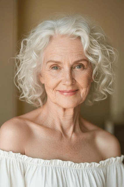 White gray curly bob for older women