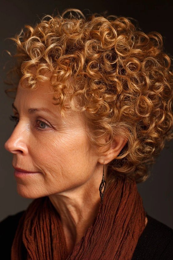Copper gold short curly crop for women over 60
