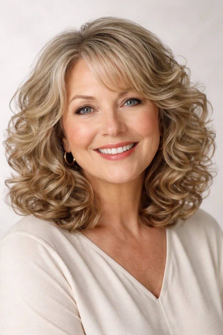 Golden blonde curly bob for women over 60