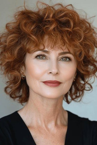 Copper red curly bob for women over 60