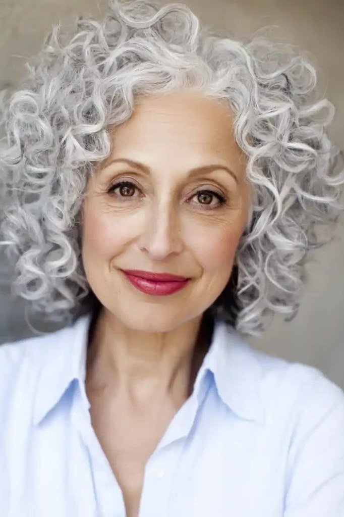 Rounded Tight-Curl Silver Bob - silver curly gray hairstyle for older women, idea 6