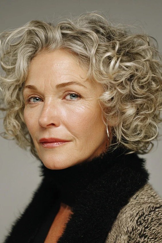 Blonde-Toned Silver Curly Bob - silver curly gray hairstyle for older women, idea 7