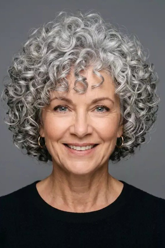 Voluminous Tight Silver Curls - silver curly gray hairstyle for older women, idea 8