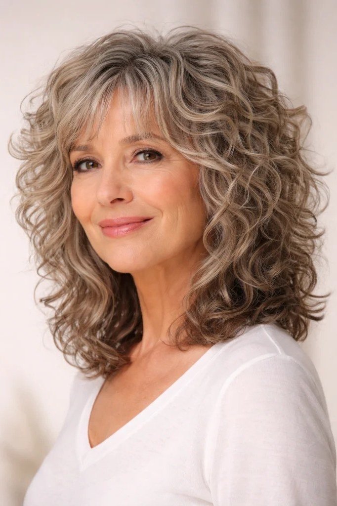 Gray-Brown Wavy Lob with Bangs - silver curly gray hairstyle for older women, idea 12