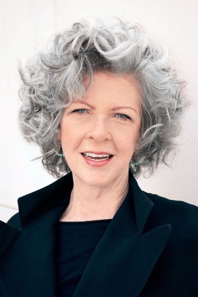 Bright Curly Silver-White Bob - silver curly gray hairstyle for older women, idea 22