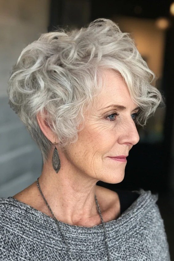 Tapered White Curly Pixie - silver curly gray hairstyle for older women, idea 27