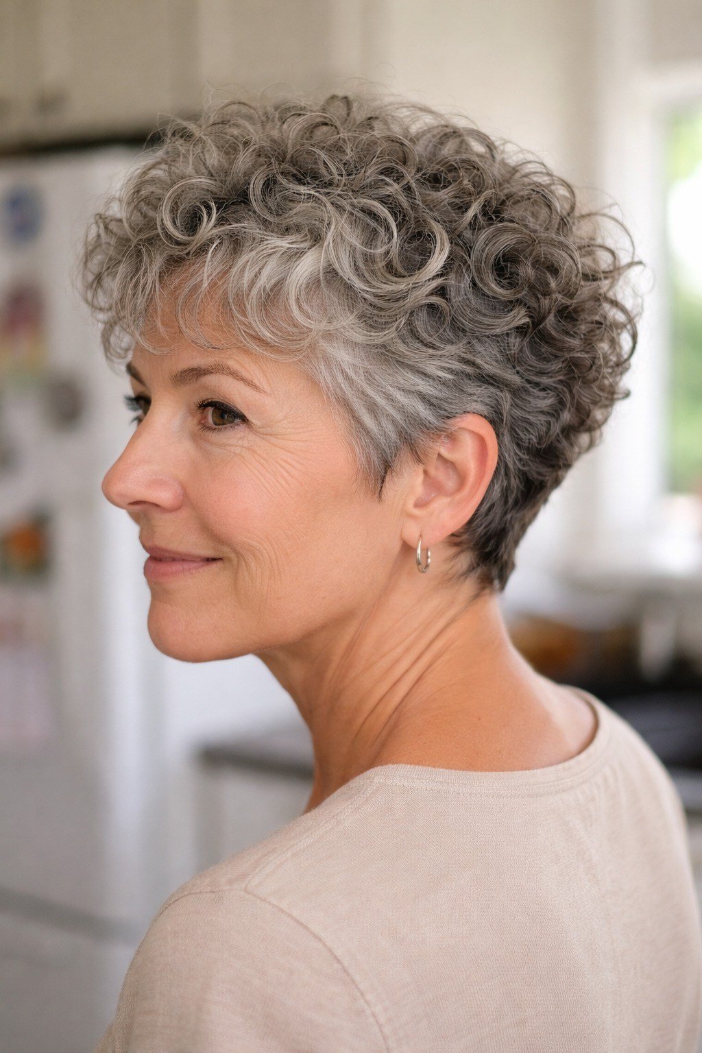 Salt-and-Pepper Curly Pixie-Bob - silver curly gray hairstyle for older women, idea 37