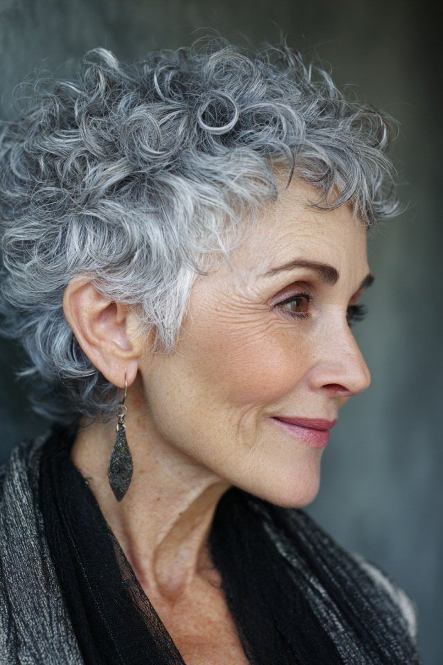 Silver Curly Pixie-Bob with a Statement Earring - silver curly gray hairstyle for older women, idea 38
