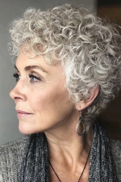 Layered Voluminous Curly Silver Bob - silver curly gray hairstyle for older women, idea 40