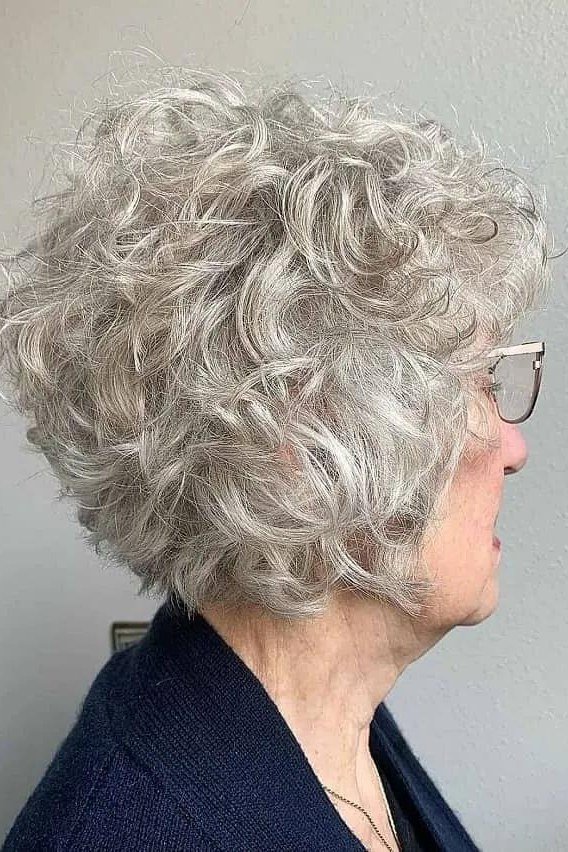 Curly Silver Bob with Glasses - silver curly gray hairstyle for older women, idea 41