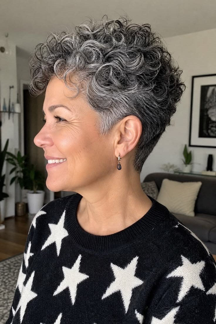 Smiling Dark-Silver Curly Pixie - silver curly gray hairstyle for older women, idea 44