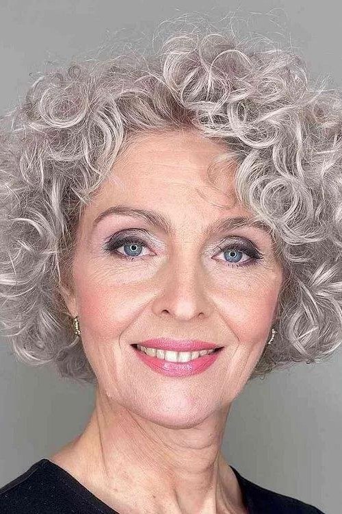 Rounded Halo White Curly Bob - silver curly gray hairstyle for older women, idea 45