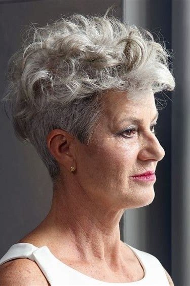 Textured Salt-and-Pepper Curly Pixie - silver curly gray hairstyle for older women, idea 47