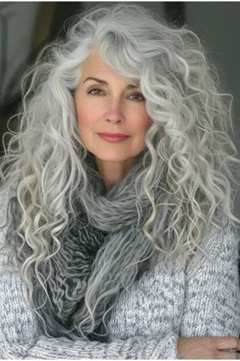 Long White Waves with a Center Part - silver curly gray hairstyle for older women, idea 51