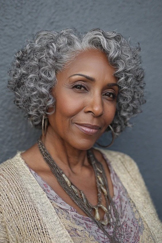 Neat Short Curly Gray Bob - silver curly gray hairstyle for older women, idea 54