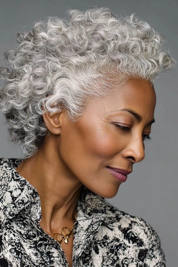 Short White-Silver Tight Curly Pixie - silver curly gray hairstyle for older women, idea 55