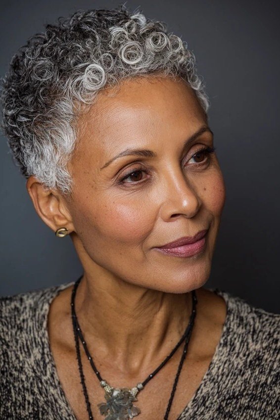 Defined-Curl Salt-and-Pepper Pixie - silver curly gray hairstyle for older women, idea 56