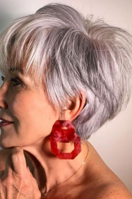 Lavender-Gray Pixie with a Red Earring - silver curly gray hairstyle for older women, idea 58