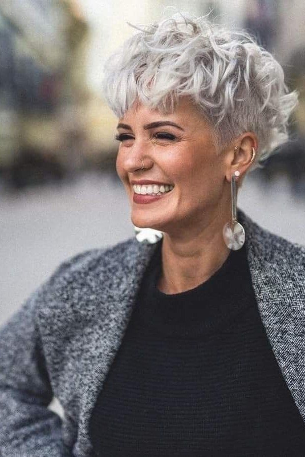 Sunny Short White-Silver Curly Pixie - silver curly gray hairstyle for older women, idea 59