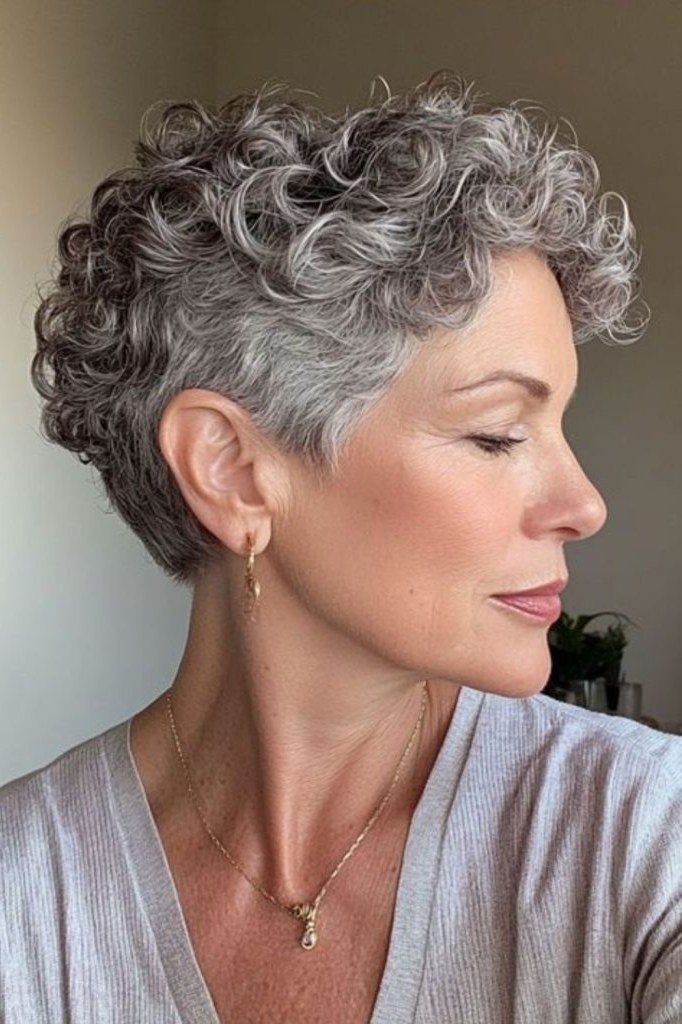 Rounded Short Curly Gray Pixie - silver curly gray hairstyle for older women, idea 61