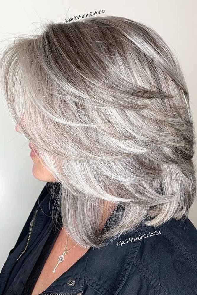 Silver Shaggy Curly Lob, Side View - silver curly gray hairstyle for older women, idea 63