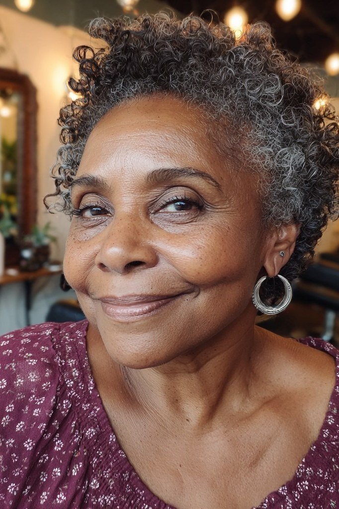 Short Salt-and-Pepper Curly Crop - silver curly gray hairstyle for older women, idea 67
