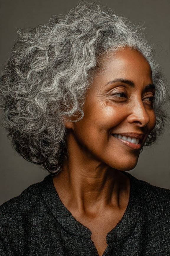 Bouncy Curly Gray Bob with Glasses and Scarf - silver curly gray hairstyle for older women, idea 68