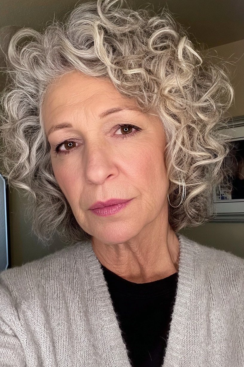 Natural Curly Silver-Gray Bob - silver curly gray hairstyle for older women, idea 69