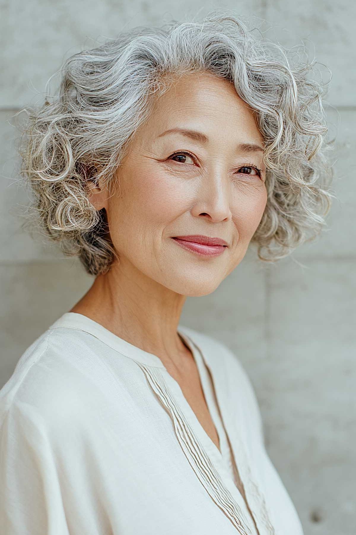 Soft Short Curly Silver Bob - silver curly gray hairstyle for older women, idea 70