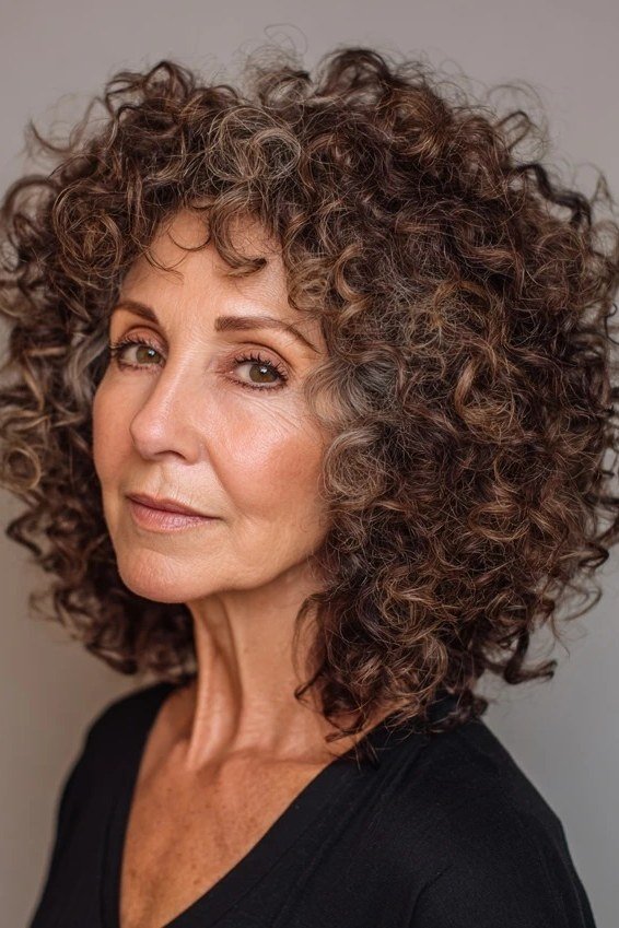Dark brown curly bob hairstyle for women over 60, front view