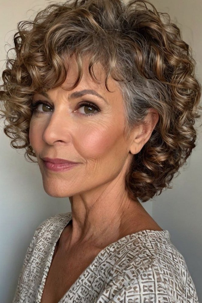 Gray brown curly bob with curly fringe for women over 60