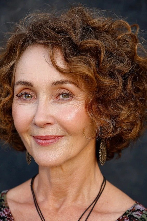 Warm copper curly bob hairstyle for women over 60, front view