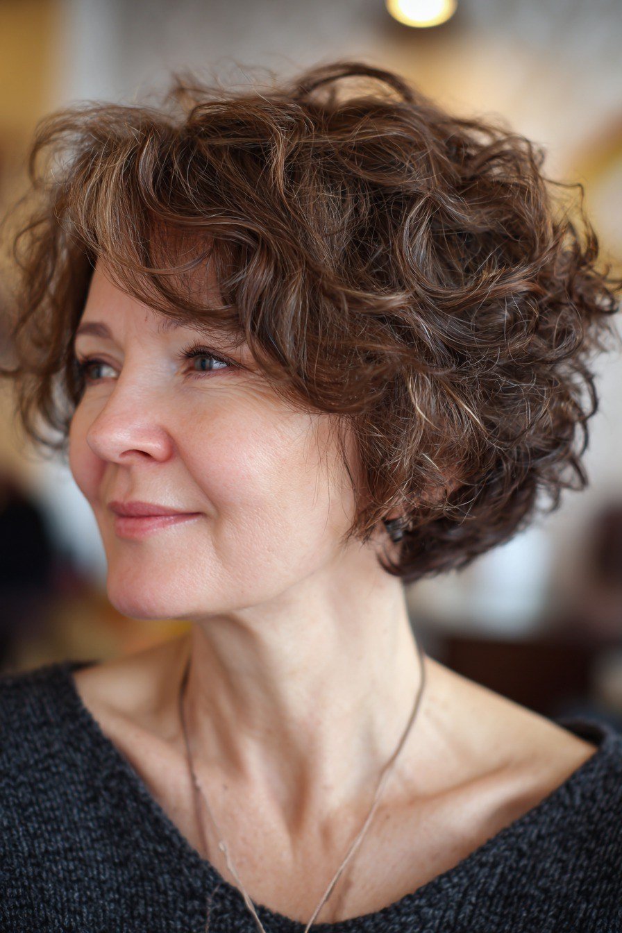Short brown curly bob hairstyle for women over 60, side view