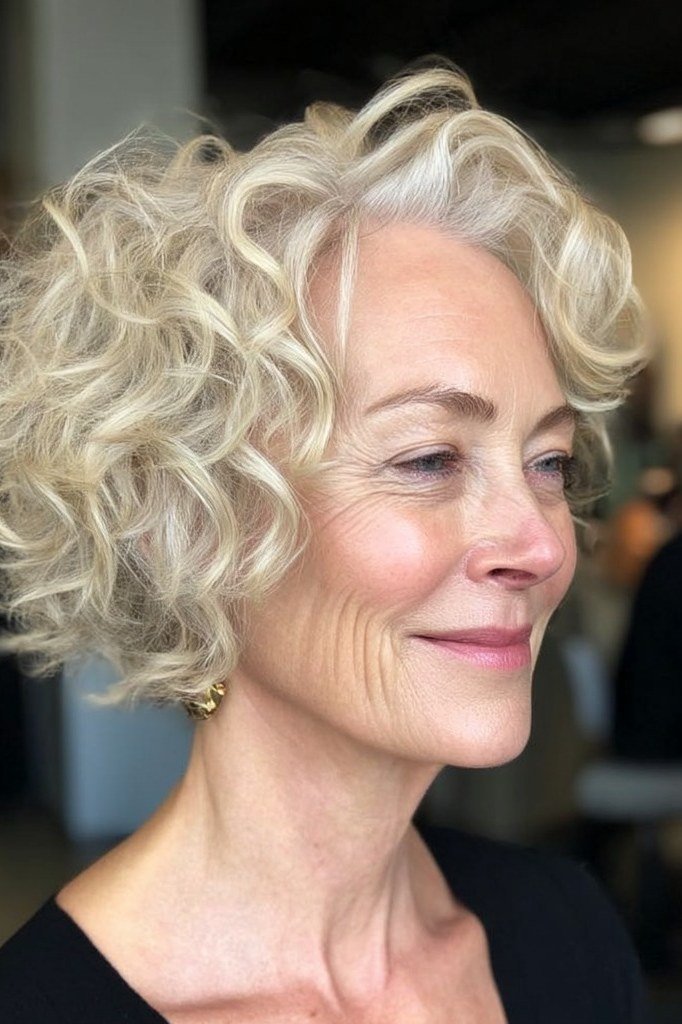 Voluminous blonde curly bob hairstyle for women over 60