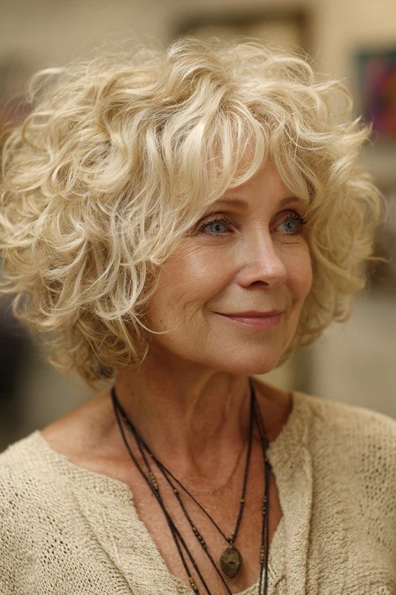 Classic blonde curly bob hairstyle for women over 60