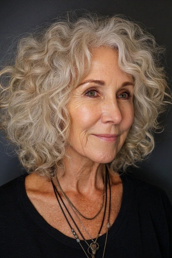 Blonde gray curly bob hairstyle for women over 60, front view