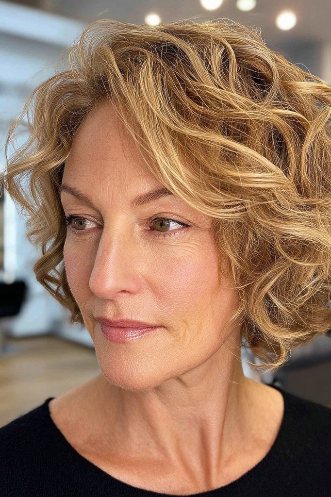 Honey blonde wavy curly bob for women over 60, three quarter view