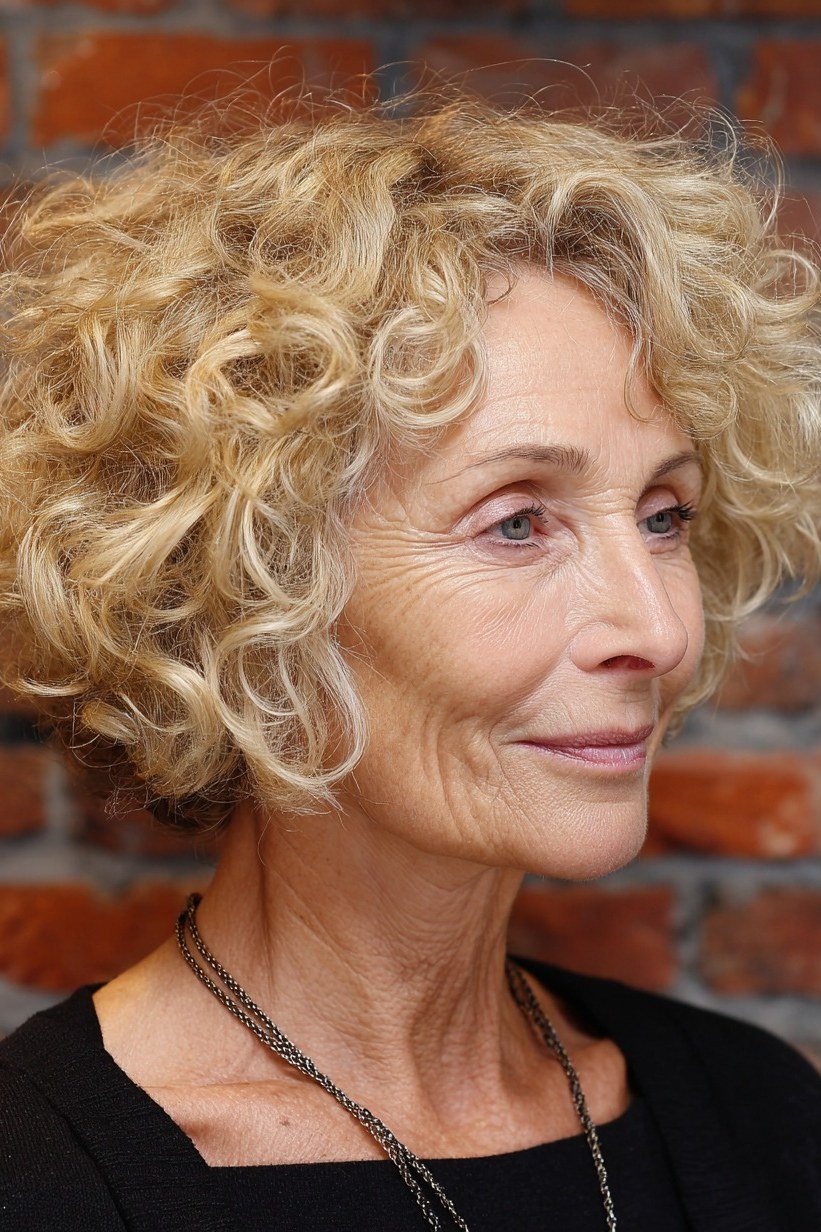 Tight curl blonde bob hairstyle for women over 60