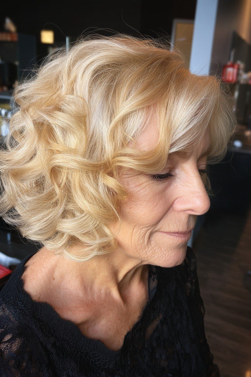 Voluminous blonde curly bob for women over 60, side view