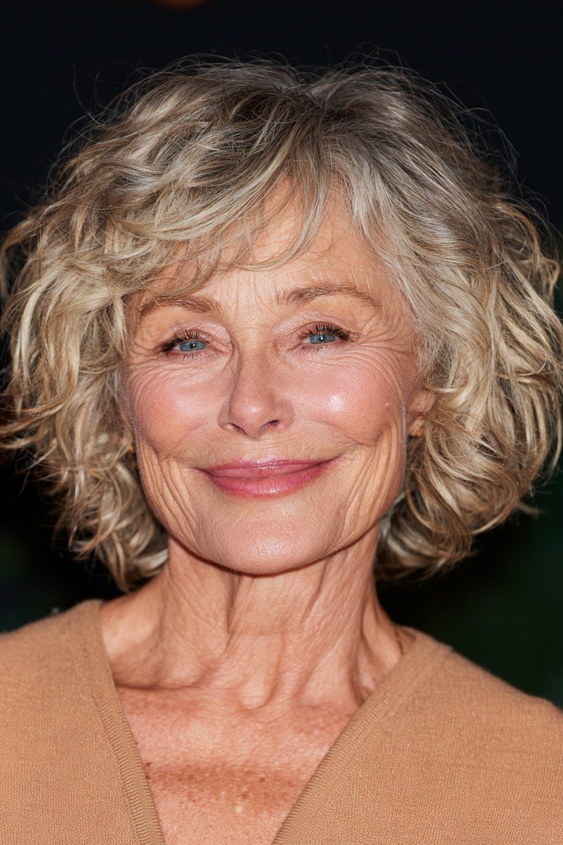 Gray blonde curly bob hairstyle for women over 60, front view