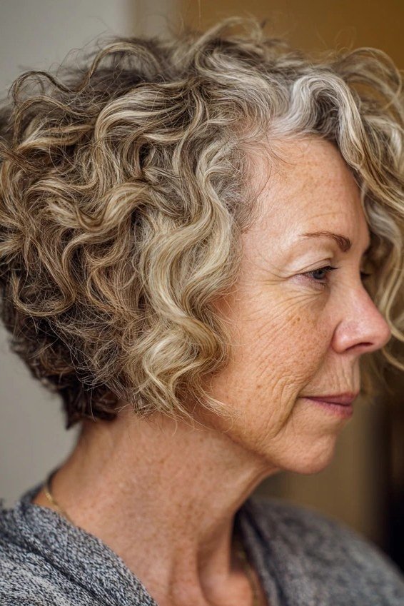 Blonde gray curly crop hairstyle for women over 60, side profile