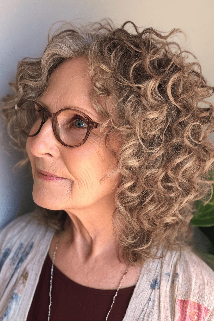 Blonde gray curly bob for women over 60 worn with glasses