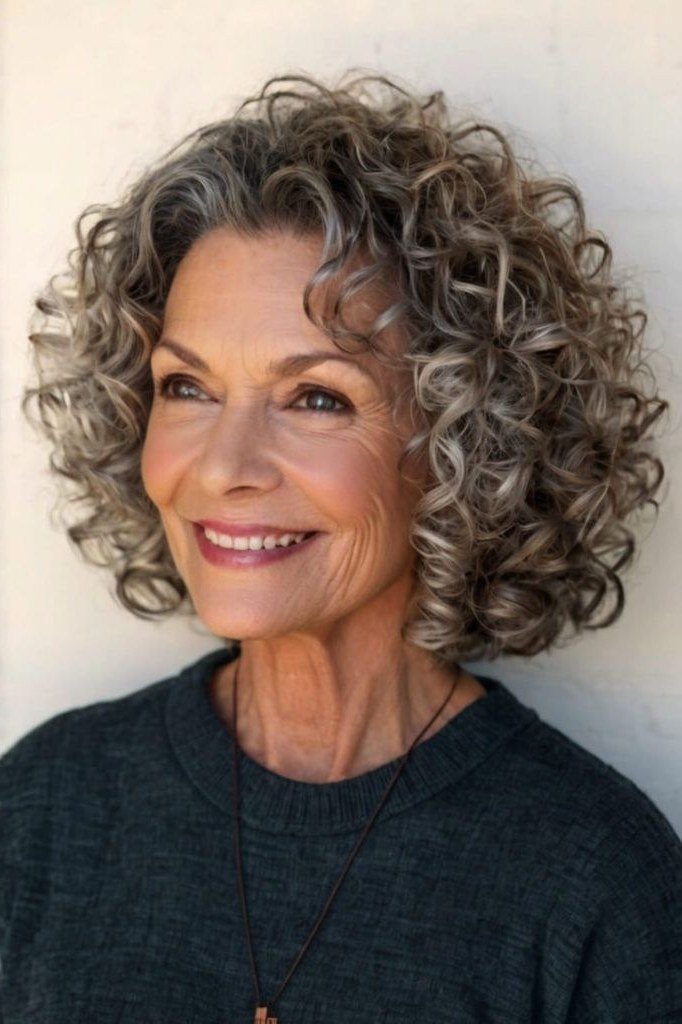 Friendly gray curly bob hairstyle for women over 60, front view