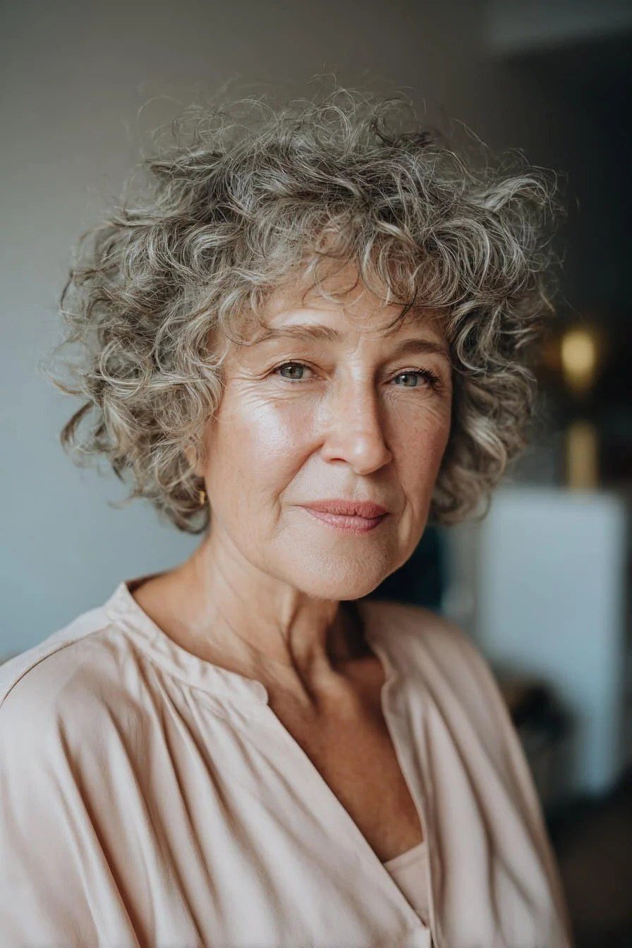 Gray blonde cropped curly bob for women over 60, front view