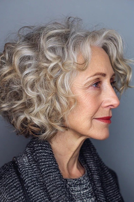 Silver gray curly bob for women over 60 in side profile